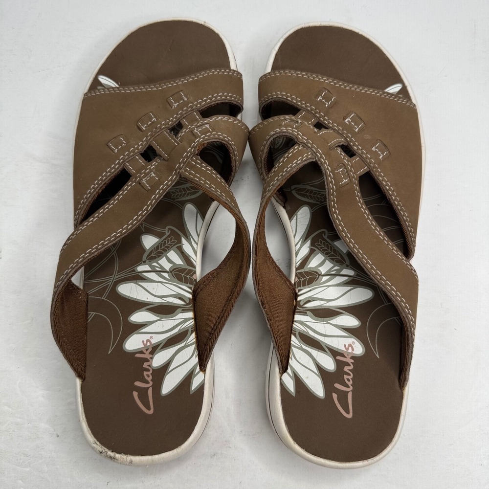 Clarks Brown Multi Strap Slide Sandals Womens 7M 80177 Contrast Stitch Comfort - Picture 6 of 7